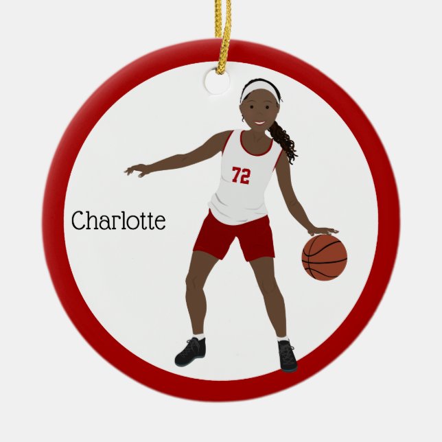 African American Basketball Girl in Red & White Julgransprydnad Keramik (Framsidan)