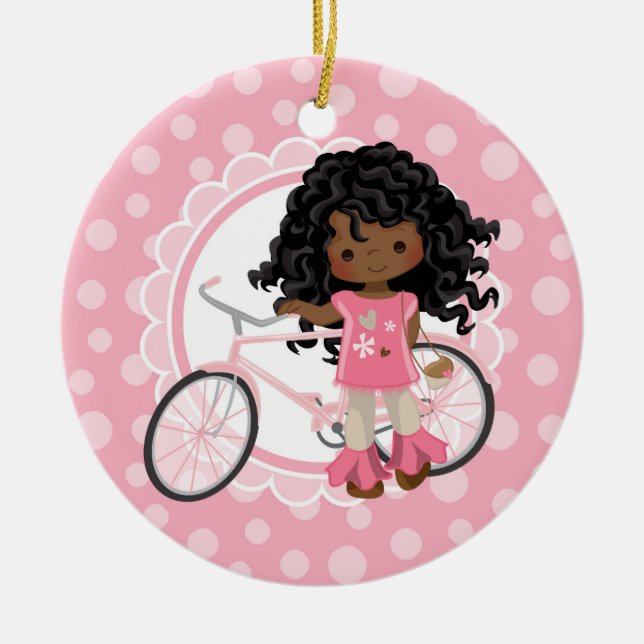 African American Bicycle Girl - Rosa White Julgransprydnad Keramik (Framsidan)