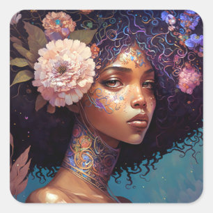 African American Black Goddess Queen Fantasy Art Fyrkantigt Klistermärke