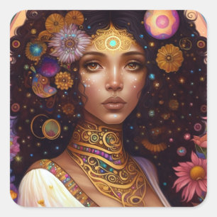 African American Black Goddess Queen Fantasy Art Fyrkantigt Klistermärke