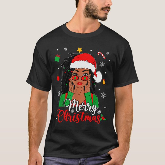 African American Black Woman Loc'd Girl Merry Chri T Shirt (Framsida)