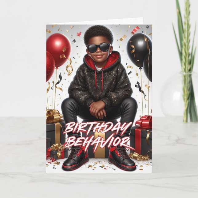 African American Boy Black/Red Birthday Behavior Kort (Framsida)