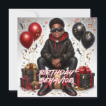 African American Boy Black/Red Birthday Behavior Kort<br><div class="desc">Fira med stil! Vår hälsningskort för födelsedag är ett exempel på en amerikansk pojke i lycklig som rockar en glatt svart och röd tröja, svarta jeans och lyxsolglasögon. Han står mitt i stora svarta och röda presentlådor, konfetti och ballonger. Fronttexterna lyder: "Birthday Behavior". Anpassa ditt speciella hälsning på baksidan. Höj...</div>