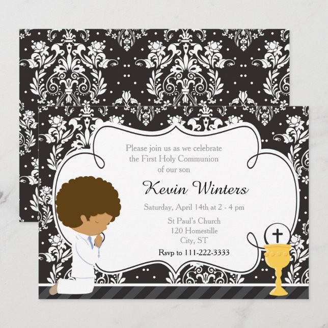 African American Boy First Communion Damask Inbjudningar (Fram/baksida)