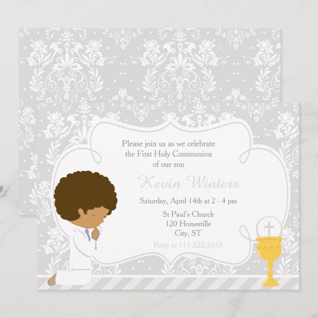 African American Boy First Communion Damask Inbjudningar (Fram/baksida)
