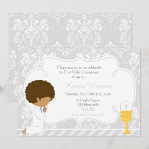 African American Boy First Communion Damask Inbjudningar