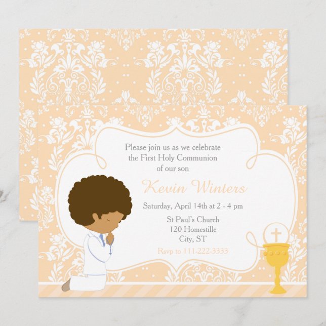 African American Boy First Communion Damask Inbjudningar (Fram/baksida)