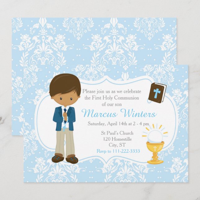 African American Boy First Communion Damask Inbjudningar (Fram/baksida)