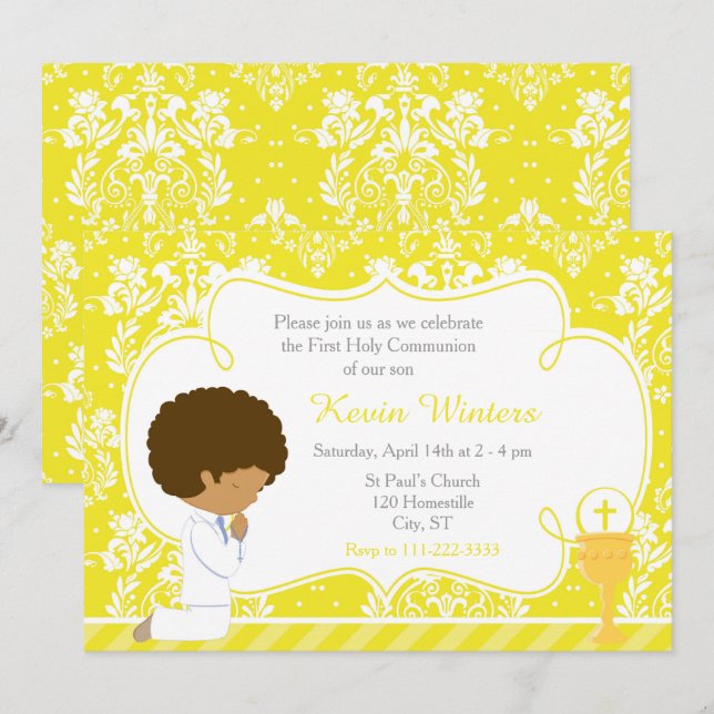 African American Boy First Communion Damask Inbjudningar (Fram/baksida)
