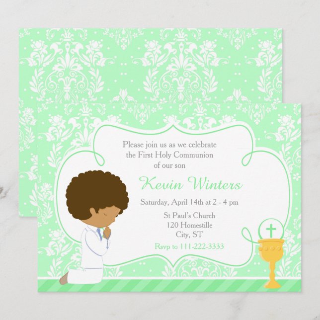 African American Boy First Communion Damask Inbjudningar (Fram/baksida)