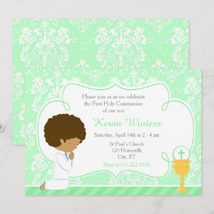 African American Boy First Communion Damask Inbjudningar