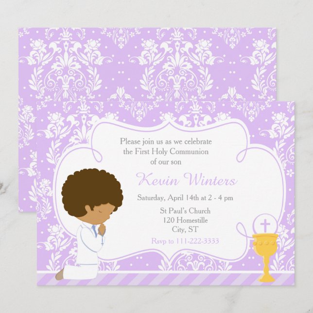 African American Boy First Communion Damask Inbjudningar (Fram/baksida)