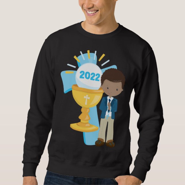 African American Boys First Communion Black Boy Cr Lång Ärmad Tröja (Framsida)