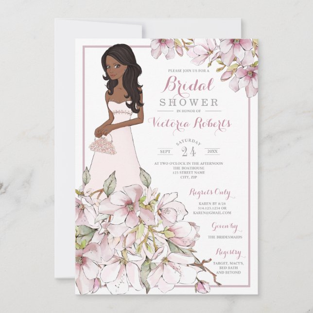 African American Bride Blommigt Möhippa Inbjudningar (Framsida)