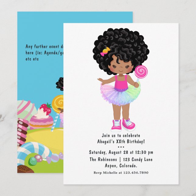 African American Candy Land Girl Födelsedagsfest Inbjudningar (Fram/baksida)