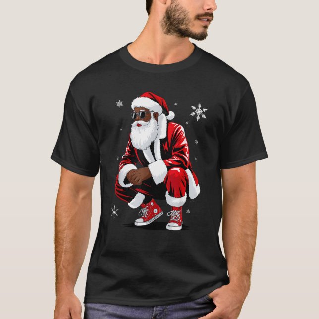 African American Christmas Pajama Xmas Afro Santa  T Shirt (Framsida)