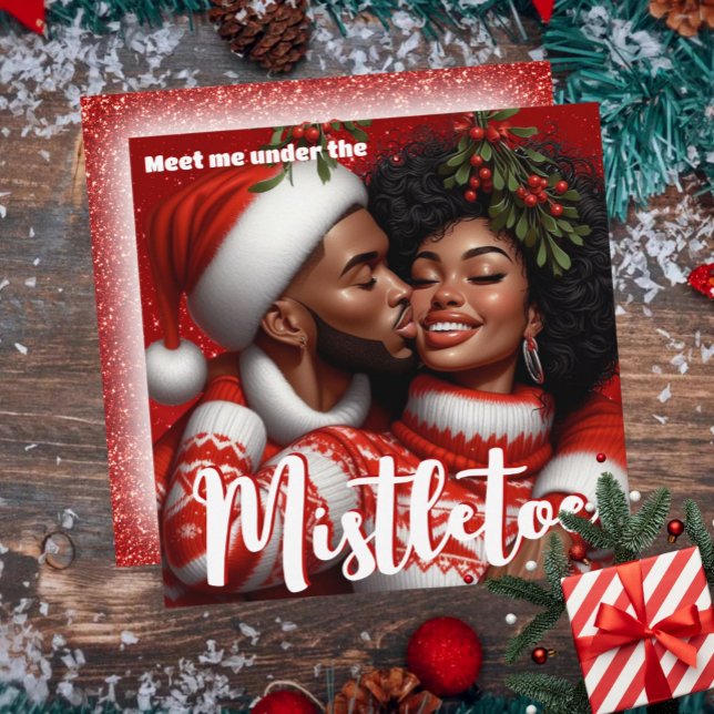African American Couple jul Mistletoe Kiss Julkort (African American Couple Christmas Mistletoe Kiss Holiday Card)