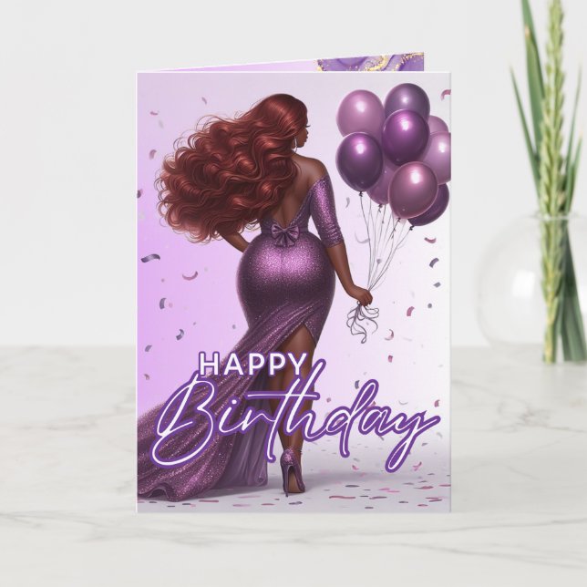 African American Curvy Woman Lila Glam Birthday Kort (Framsida)
