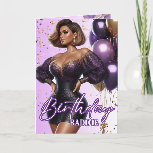 African American Curvy Woman Lila Glam Birthday Kort (Framsida)