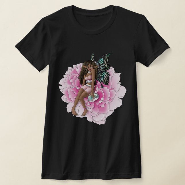 African American Fairy on Rosa Flower T Shirt (Laydown)