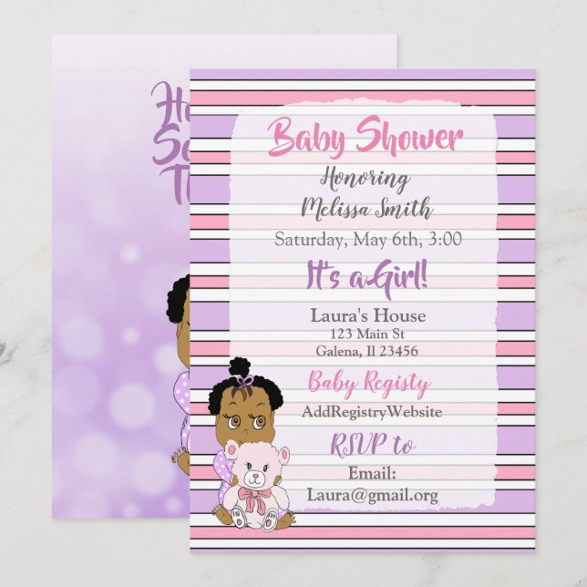 African American Flicka Baby Shower Inbjudningar (Fram/baksida)