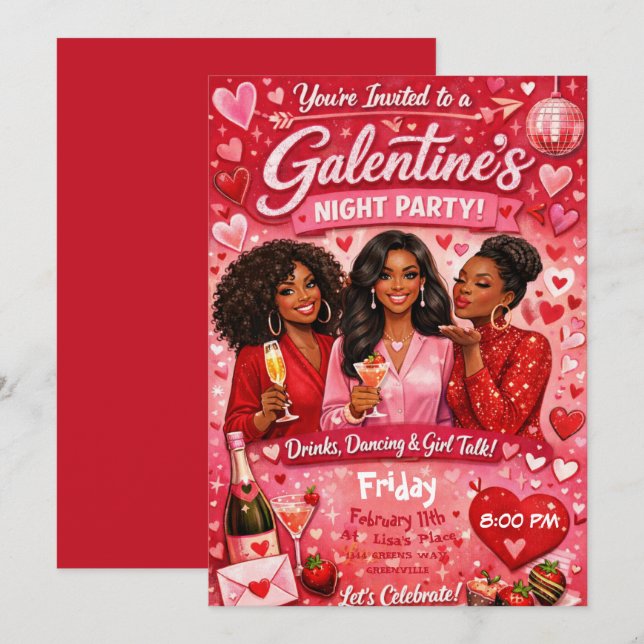 African American Galentine's Night Friends Party Inbjudningar (Fram/baksida)