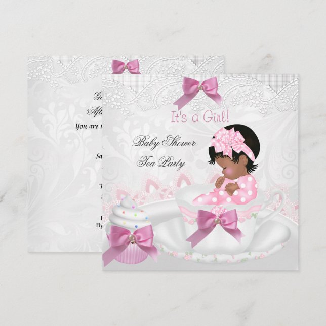 African American Girl Baby Shower Rosa Baby Tekopp Inbjudningar (Fram/baksida)