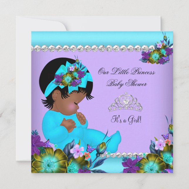 African American Girl Baby Shower Teal Lila Inbjudningar (Framsida)