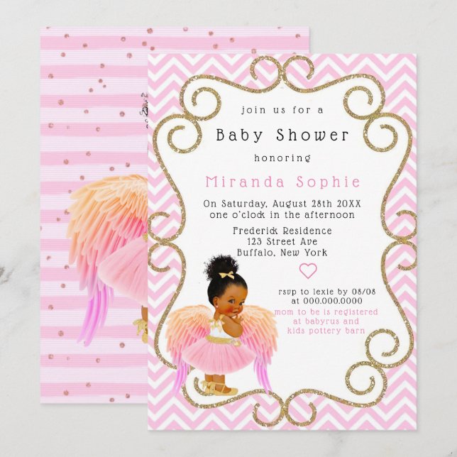 African American Girl Ballerina Baby Shower Inbjudningar (Fram/baksida)