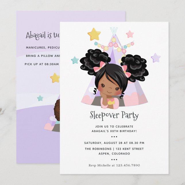 African American Girl Birthday Slumber Party Inbjudningar (Fram/baksida)