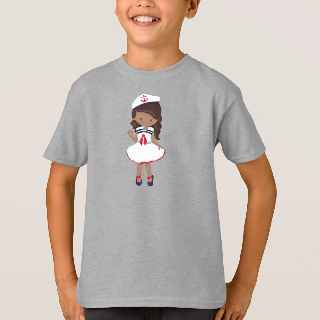 African American Girl, Boat Kapten, Skipper, Sea T Shirt (Framsida)