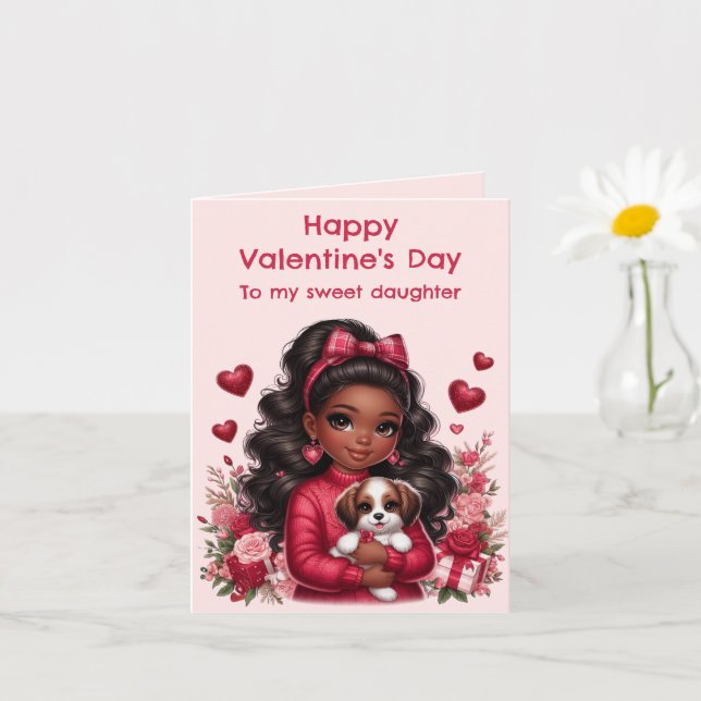 African American Girl Cute Puppy Valentine Kort (Liten växt)