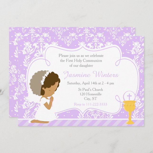 African American Girl First Communion Damask Inbjudningar (Fram/baksida)