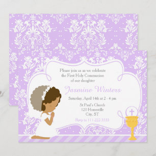 African American Girl First Communion Damask Inbjudningar
