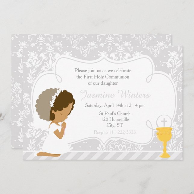 African American Girl First Communion Damask Inbjudningar (Fram/baksida)