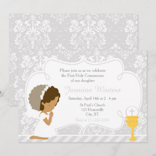 African American Girl First Communion Damask Inbjudningar
