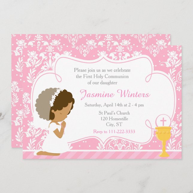 African American Girl First Communion Damask Inbjudningar (Fram/baksida)