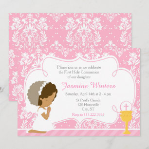African American Girl First Communion Damask Inbjudningar