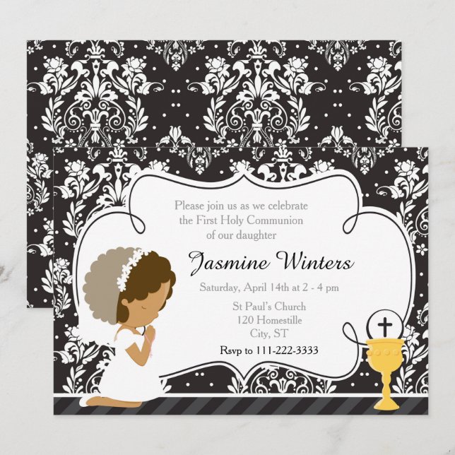 African American Girl First Communion Damask Inbjudningar (Fram/baksida)