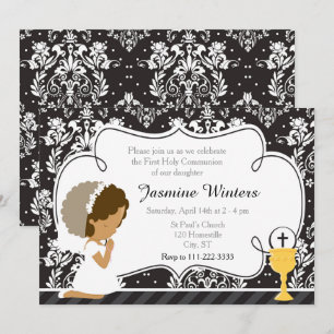 African American Girl First Communion Damask Inbjudningar
