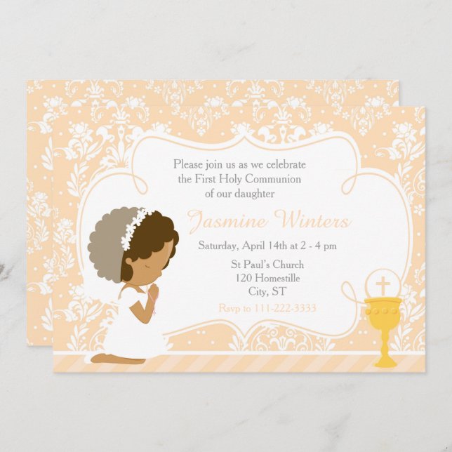 African American Girl First Communion Damask Inbjudningar (Fram/baksida)