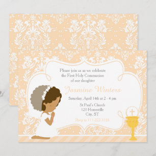 African American Girl First Communion Damask Inbjudningar