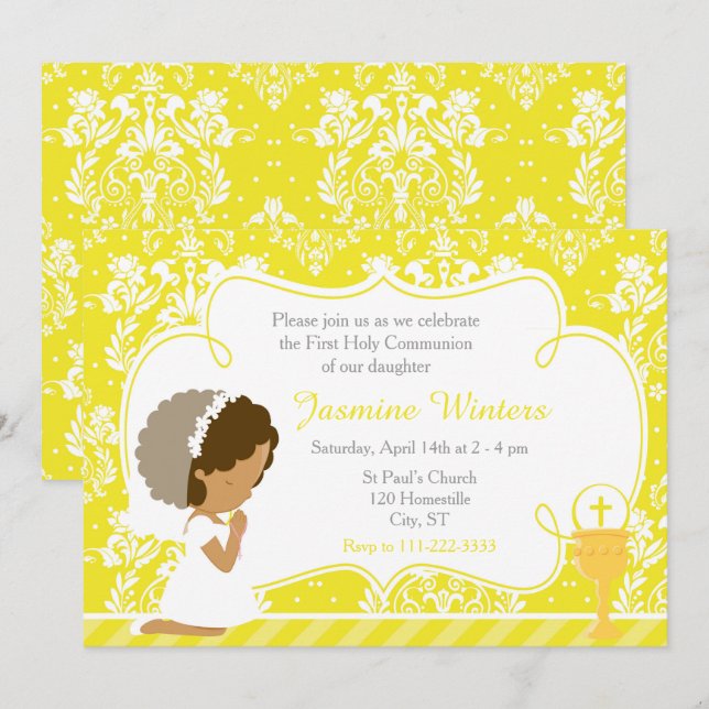 African American Girl First Communion Damask Inbjudningar (Fram/baksida)