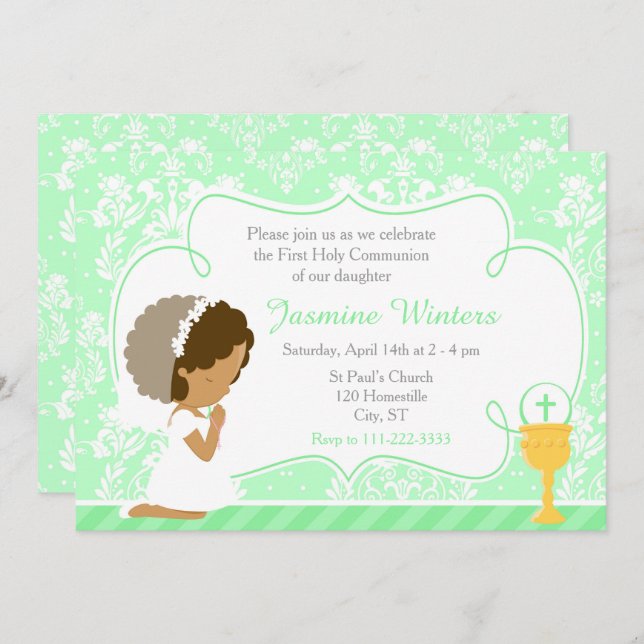 African American Girl First Communion Damask Inbjudningar (Fram/baksida)