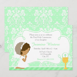 African American Girl First Communion Damask Inbjudningar