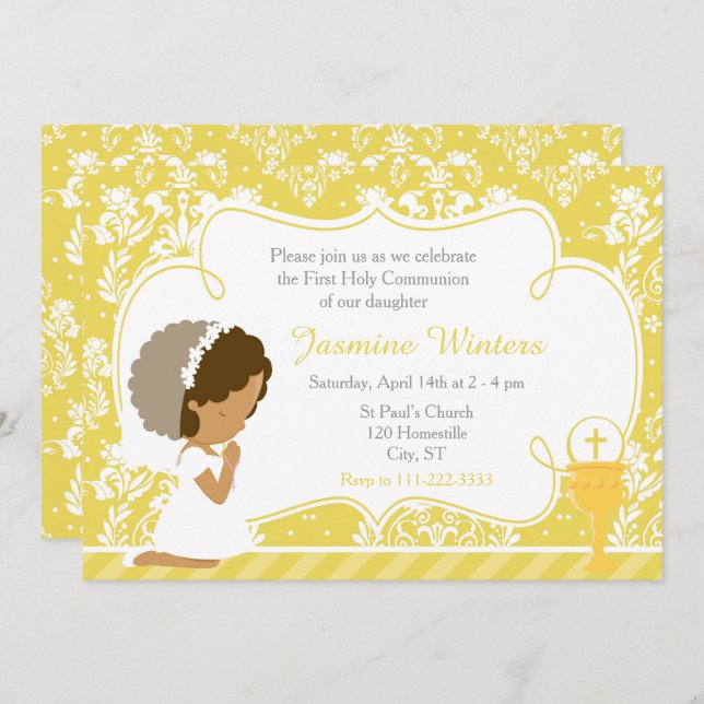 African American Girl First Communion Guld Damask Inbjudningar (Fram/baksida)