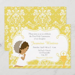 African American Girl First Communion Guld Damask Inbjudningar