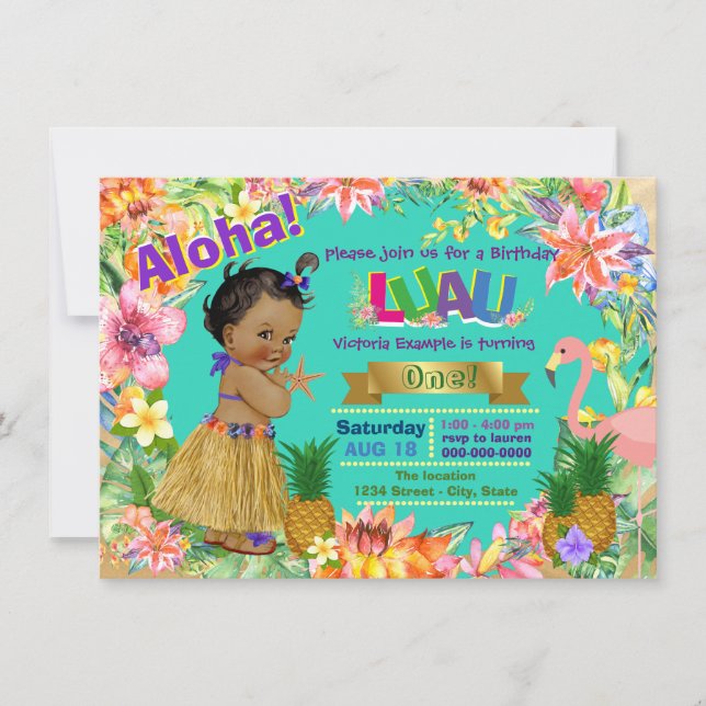 African American Girl Hawaiian Luau Födelsedagsfes Inbjudningar (Framsida)