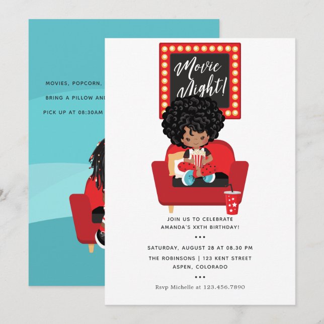African American Girl Movie Night Sleepover Party Inbjudningar (Fram/baksida)