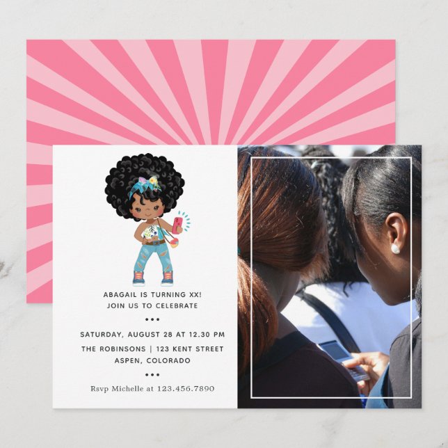African American Girl Photo Booth Selfie Birthday Inbjudningar (Fram/baksida)